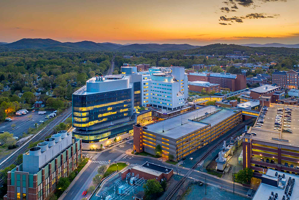 UVA Hospital and surrounding area at sunset