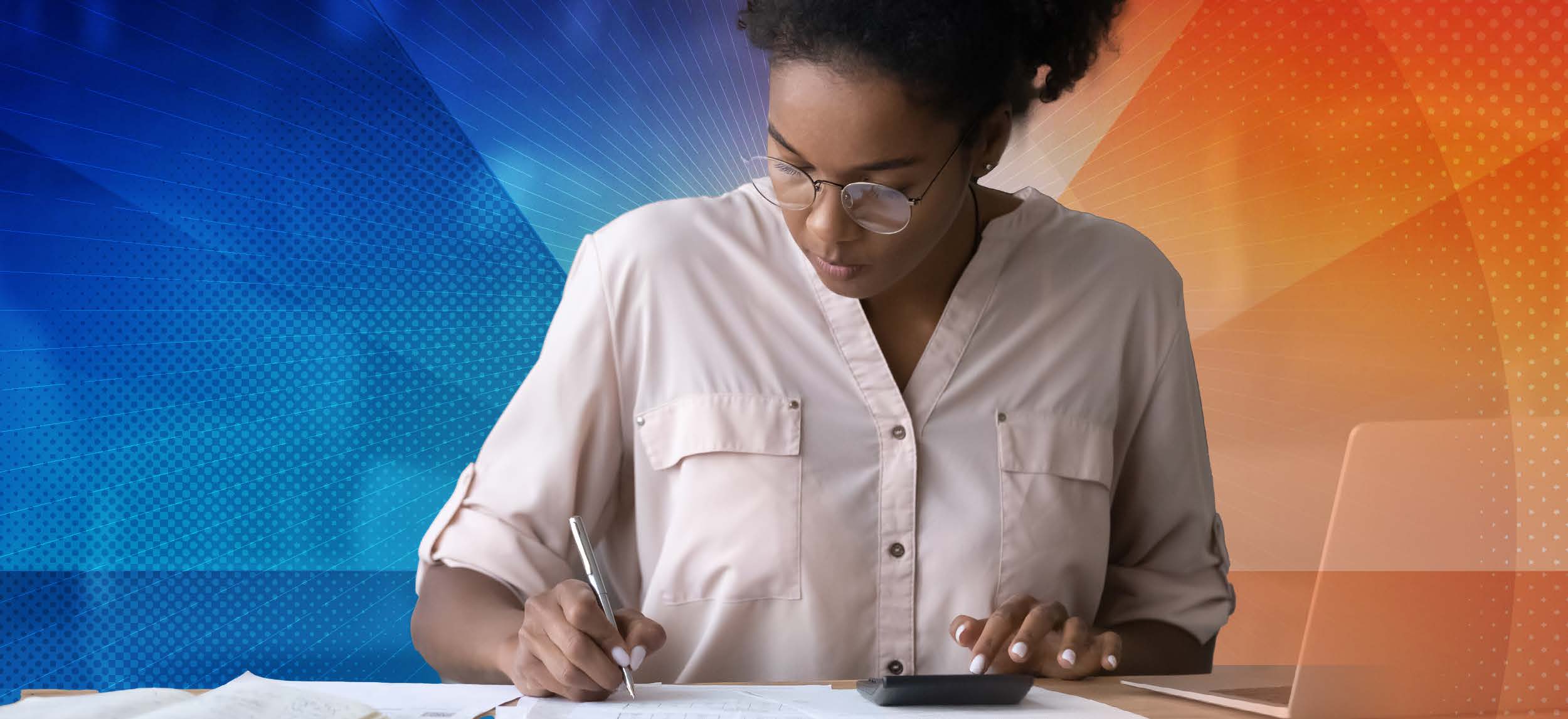 Woman working on document at desk with bright blue and orange gradient behind her
