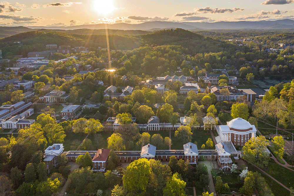 Aerial image of the lawn at dawn at UVA