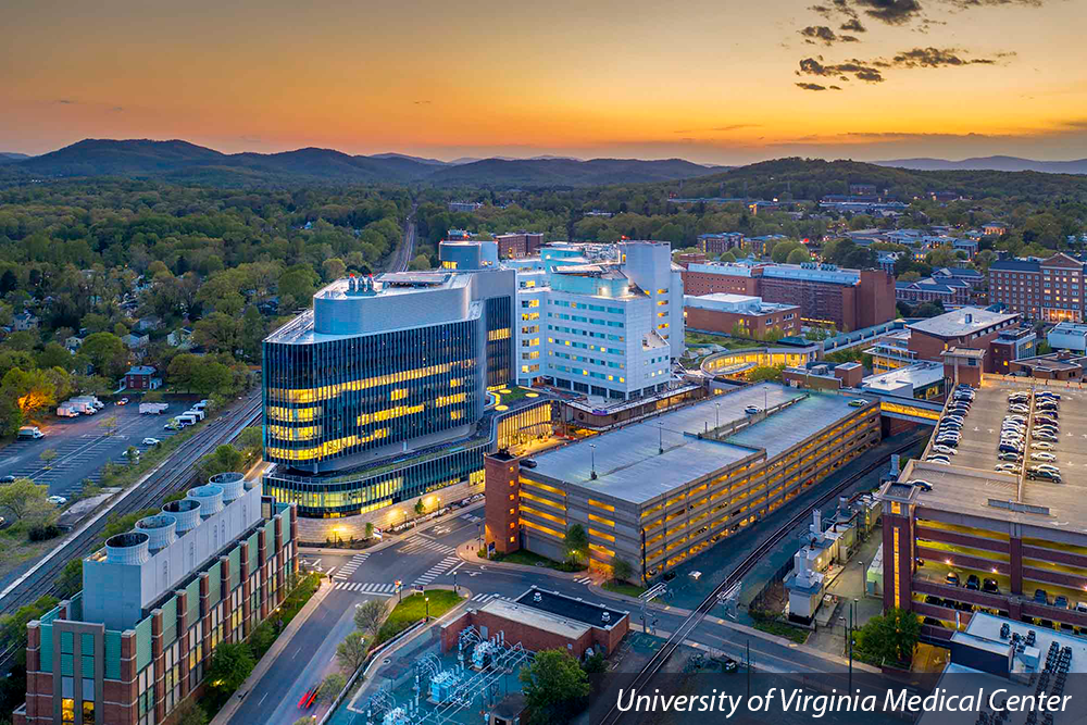 UVA Medical Center and surrounding area at sunset