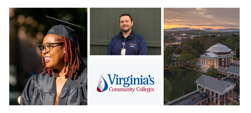 Image of female graduate, UVA, male student and Virginia Community College Logo