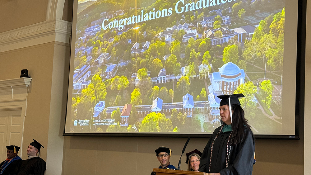 Keri Adcock addresses her fellow MPS graduates at UVA's Final Exercises.