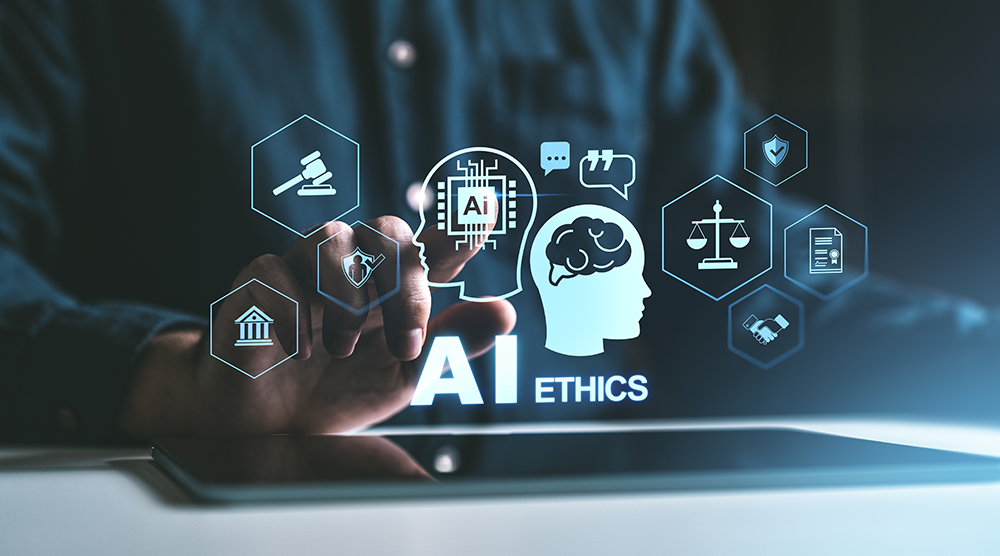 person's hand on computer with graphic of AI