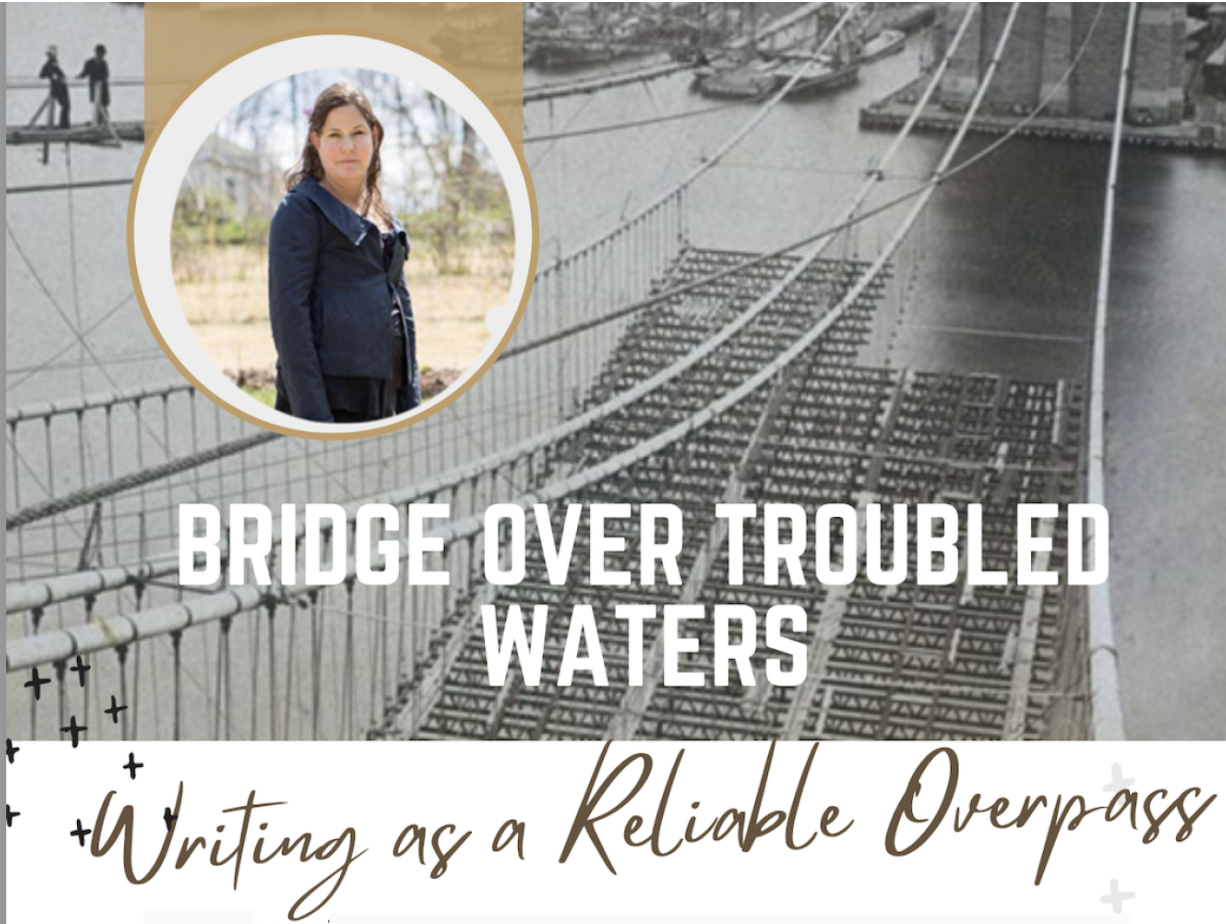 A poster, with a picture of UVA Professor Charlotte Matthews on it, advertises her lecture, Bridge Over Troubled Waters, Writing as a Reliable Overpass